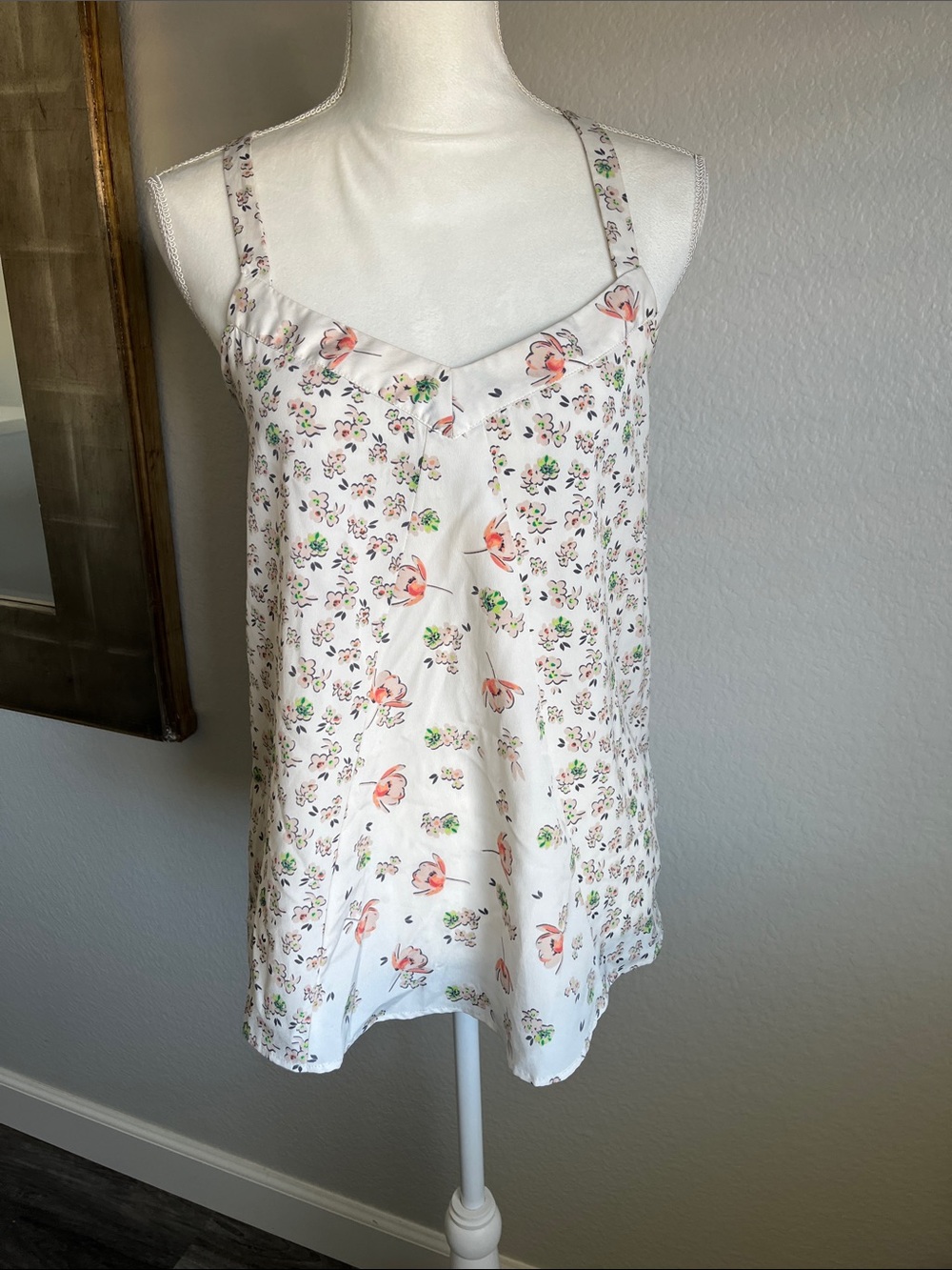 LC Lauren Conrad White Satin Floral Cami Slip with Peach Blossoms